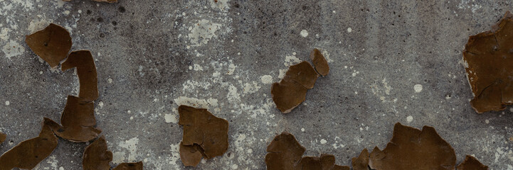 Peeling paint on the wall. Panorama of a concrete wall with old cracked flaking paint. Weathered rough painted surface with patterns of cracks and peeling. Wide panoramic grungy texture for background
