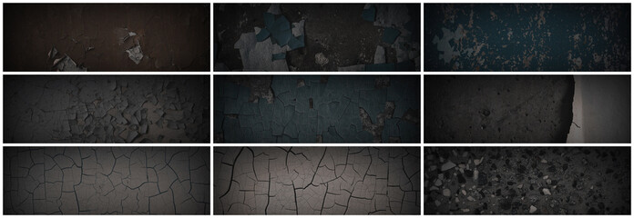 Set of dark panoramic background textures. Collection of wide textures with peeling paint, cracks, rust, scratches, noise and grain. Rough surfaces of old walls. Bundle of backgrounds for design.