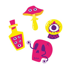 Collection of vector magic mushrooms. Psychedelic concept skull, a magic potion and a jar with eyes. All elements are isolated on white background