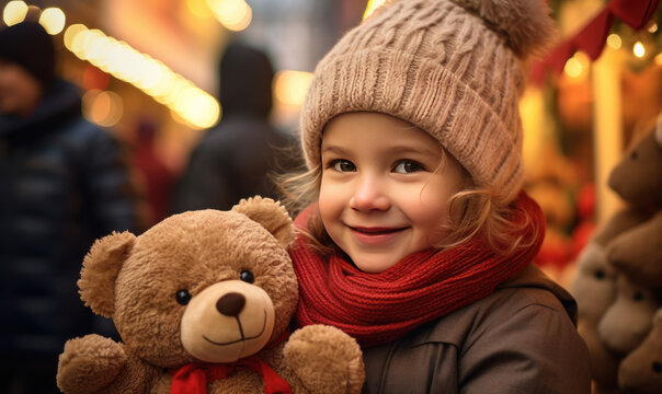 A Girl Toddler Smiling And Holding A Brown Teddy Bear