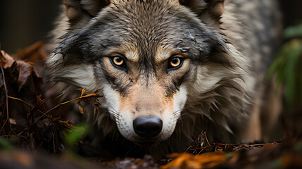 Wilderness gaze ; Captivating encounter with a majestic wolf as it locks eyes with the camera lens  offering a glimpse into the untamed heart of the wild