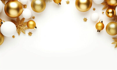 golden christmas items, fir branches on a white blackground