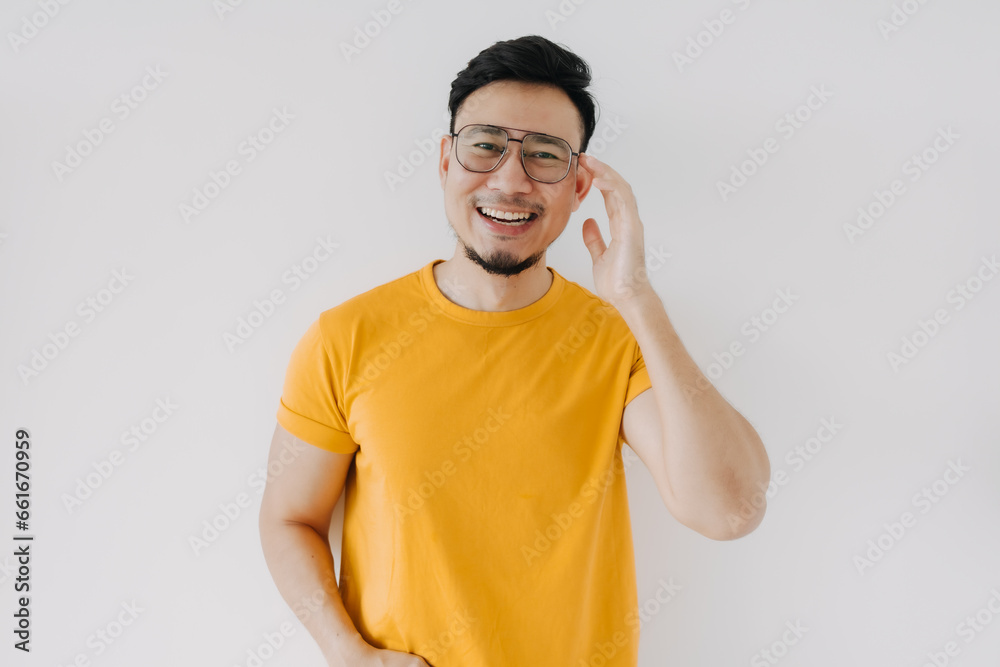 Wall mural Happy and cafe free asian in yellow and eyeglasses isolated on white.