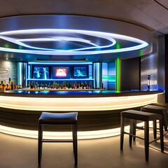 A futuristic, spaceship-themed basement bar with LED lighting, metallic surfaces, and an alien-themed decor1, Generative AI