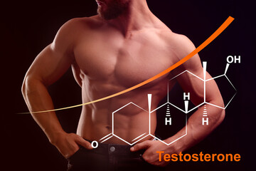 Muscular man and structural formula of testosterone on black background, closeup