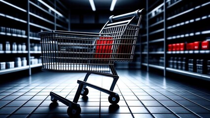 Shopping cart between store shelves in a supermarket warehouse