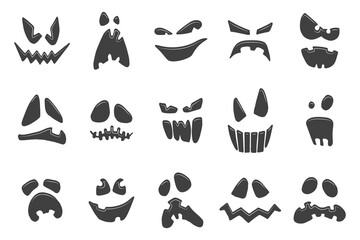 Carved pumpkin faces silhouettes isolated on white background. Jack-O-lantern icon set. Halloween vector illustration. Fall holiday spooky decoration set.