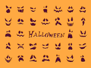 Halloween collection of pumpkin faces on orange background. Cartoon design of scary and smiling monsters and ghosts for jack o' lantern cutting templates. Fall holiday spooky decoration set.