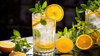 Fototapeta premium Cool freshly made lemonade and mint leaves on the table AI Generative