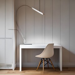 A minimalist, Scandinavian home office with a clean white desk, ergonomic chair, and natural wood accents3, Generative AI
