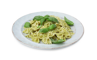 Delicious pasta with pesto sauce and basil isolated on white