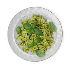 Delicious pasta with pesto sauce and basil isolated on white, top view