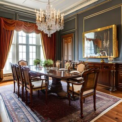 A classic, Victorian-era dining room with elegant woodwork, a grand dining table, and fine china4, Generative AI