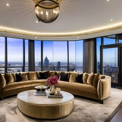 A luxurious, penthouse living room with panoramic city views, plush velvet sofas, and a grand piano1, Generative AI