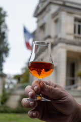 Tasting of cognac alcohol drink and view on old streets and houses in town Cognac, Grand Champagne,...