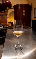 Tasting of cognac spirit aged in old French oak barrels in cellar in distillery in Cognac white wine region, Charente, Segonzac, Grand Champagne, France