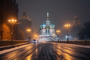 Fototapeta na wymiar Cold snowy evening in Moscow near Red Square with the Kremlin tower, December 27, 2022. Generative AI