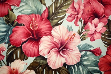 Vintage tropical pattern with hibiscus flowers, banana leaves, and palm. Ideal for luxurious wallpapers, wrapping paper, tapestry, fabric printing. Generative AI