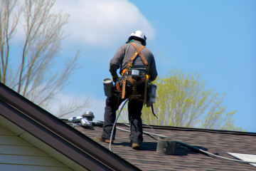 roof repair construction worker roofer man roofing security rope