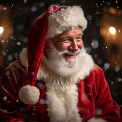 Photoshoot of a hyper realistic Santa Claus in classic red costume in portrait mode | Santa Claus Smiling | Christmas holidays | Stock photography of Santa Claus for Xmas | December 25th 