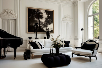 Country house living room with black and white upholstered furniture and a baby grand piano set against a white panelled wall interior room design