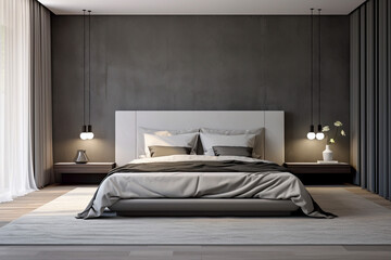 Contemporary grey themed double bedroom with king size bed on a rug over hardwood flooring set against a textured grey wall interior bedroom design