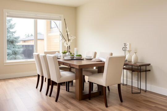 Contemporary minimalist dining room hardwood table with upholstered chairs on a hardwood laminate floor set in a cream painted room interior room design