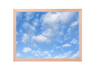 Wooden frame with photo of beautiful sky and clouds isolated on white