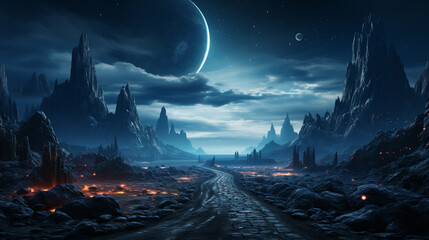 A road leading to distance in a mountain valley with milky way in the background. ai generative