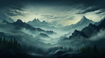 Fototapeta na wymiar Abstract foggy morning landscape in the mountains. ai generative