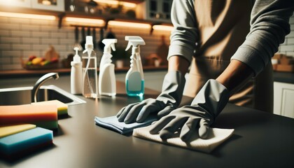 an individual wearing gloves, thoroughly cleaning a kitchen counter.