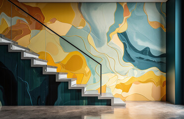 a stairway mockup with abstract designs, in the style of dark yellow and green,
