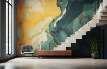 a stairway mockup with abstract designs, in the style of dark yellow and green,