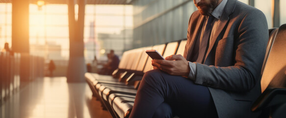 Business man using mobile phone to book plane ticket through online application, sitting on travel checking travel time on board at airport, travel, payment, due, booking, online, check in. - obrazy, fototapety, plakaty