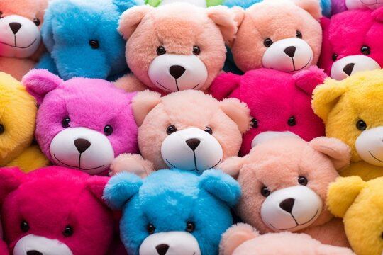 Image of teddy bears on a colorful backdrop. Generative AI