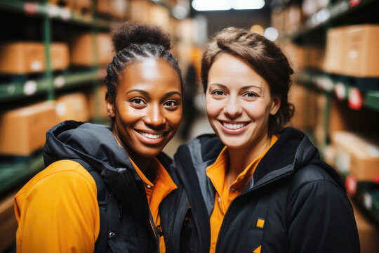 Portrait of Black and Caucasian women working in warehouse smiling