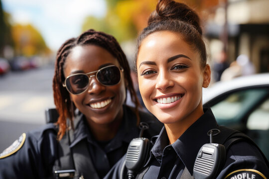 Portrait of Black women police officers on street smiling