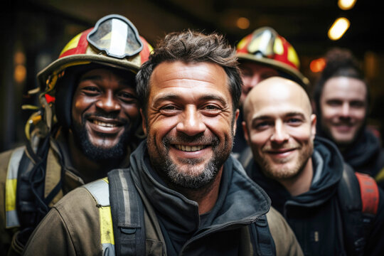 Group portrait of firefighters smiling outdoors