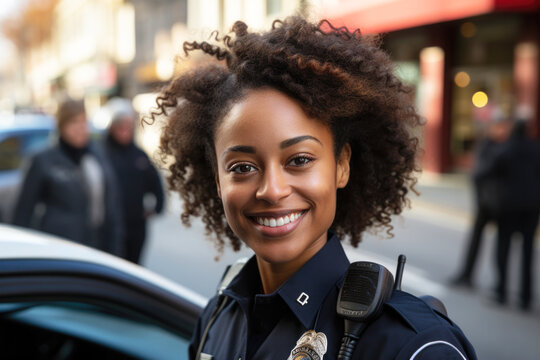 Portrait of confident Black woman police officer on street smiling