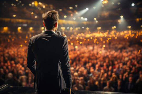 Man speaking on stage to a large crowd in an auditorium