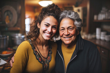 Portrait of hispanic grandmother and granddaughter in kitchen home