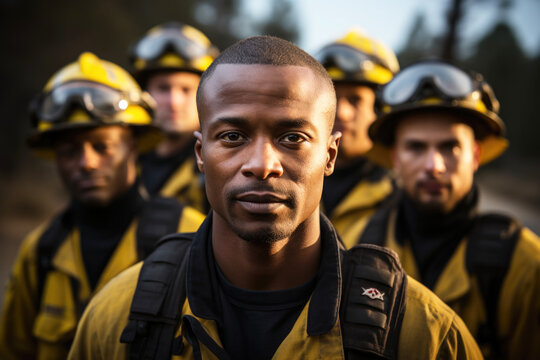 Group portrait of black firefighters in uniforms outside working