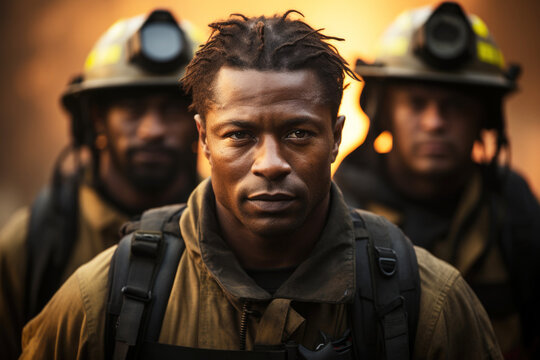 Group portrait of black firefighters in uniforms in front of wildfire