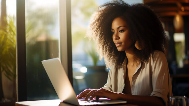 AFRICAN AMERICAN FEMALE WORKING ON LAPTOP, HORIZONTAL IMAGE. image created by legal AI