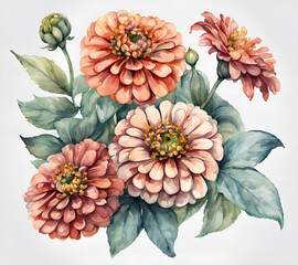 Zinnia flower with leafs, pastel watercolor drawing