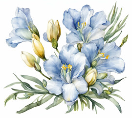 Freesia flower with leafs, pastel watercolor drawing