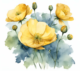 Buttercup flower with leafs, pastel watercolor drawing