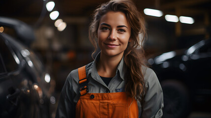 Happy woman in a car garage workshop