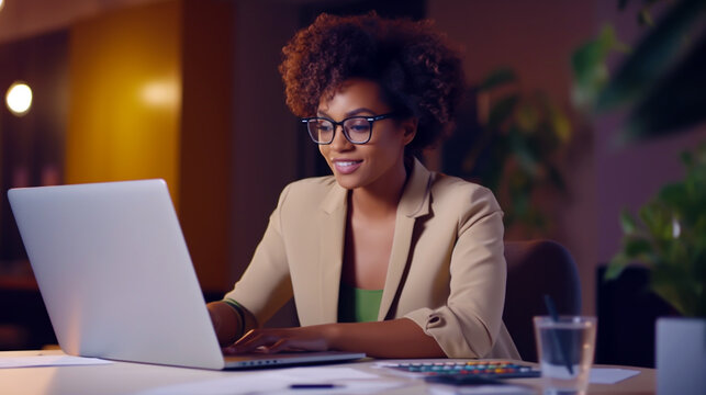 SMILING AFRICAN AMERICAN BUSINESSWOMAN WORKING ON A LAPTOP. HORIZONTAL IMAGE. image created by legal AI