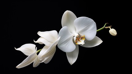 Portrait beautiful white orchid flower isolated on black background AI Generative